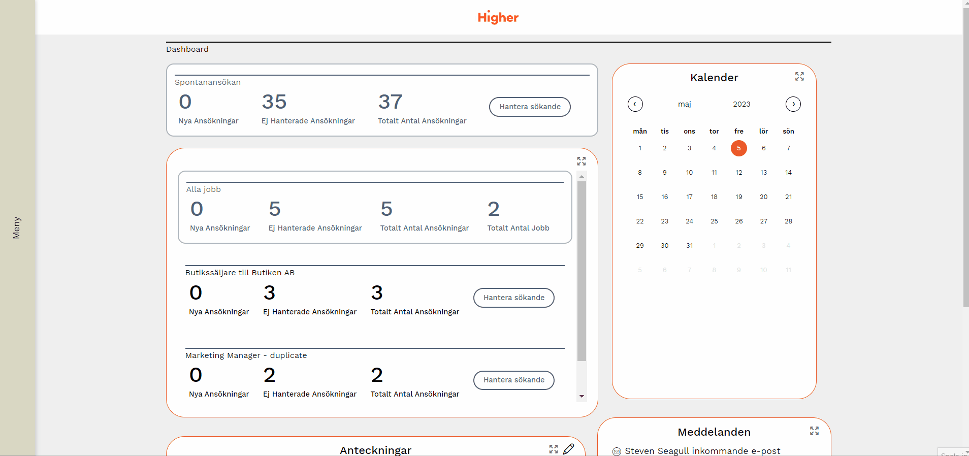 Rekryteringstavla - meny hantera